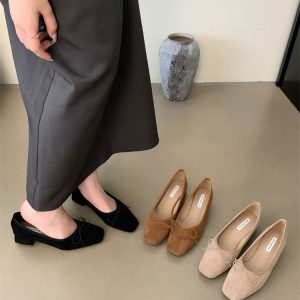 2024 Autumn New Korean Style Suede Bow Mary Jane Shoes for Women Low Heel Square Toe Slip On Dress Shoes