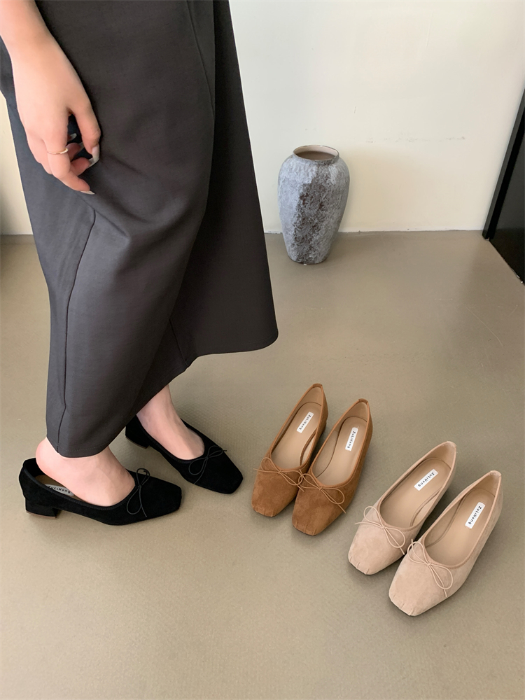 2024 Autumn New Korean Style Suede Bow Mary Jane Shoes for Women Low Heel Square Toe Slip On Dress Shoes