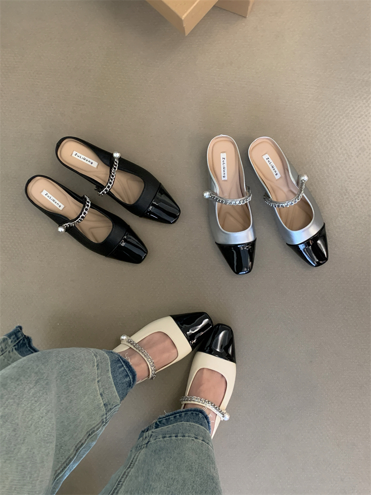2024 Summer New Retro Chain Mary Jane Slip-On Low Heel Women's Shoes with Hidden Height Increase