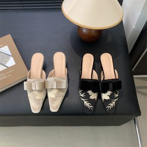 2026 Embroidered Retro Thin Heel Square Toe Slippers for Women 35-40