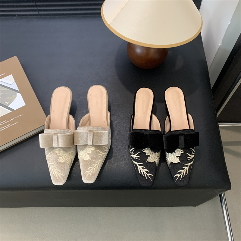 2026 Embroidered Retro Thin Heel Square Toe Slippers for Women 35-40