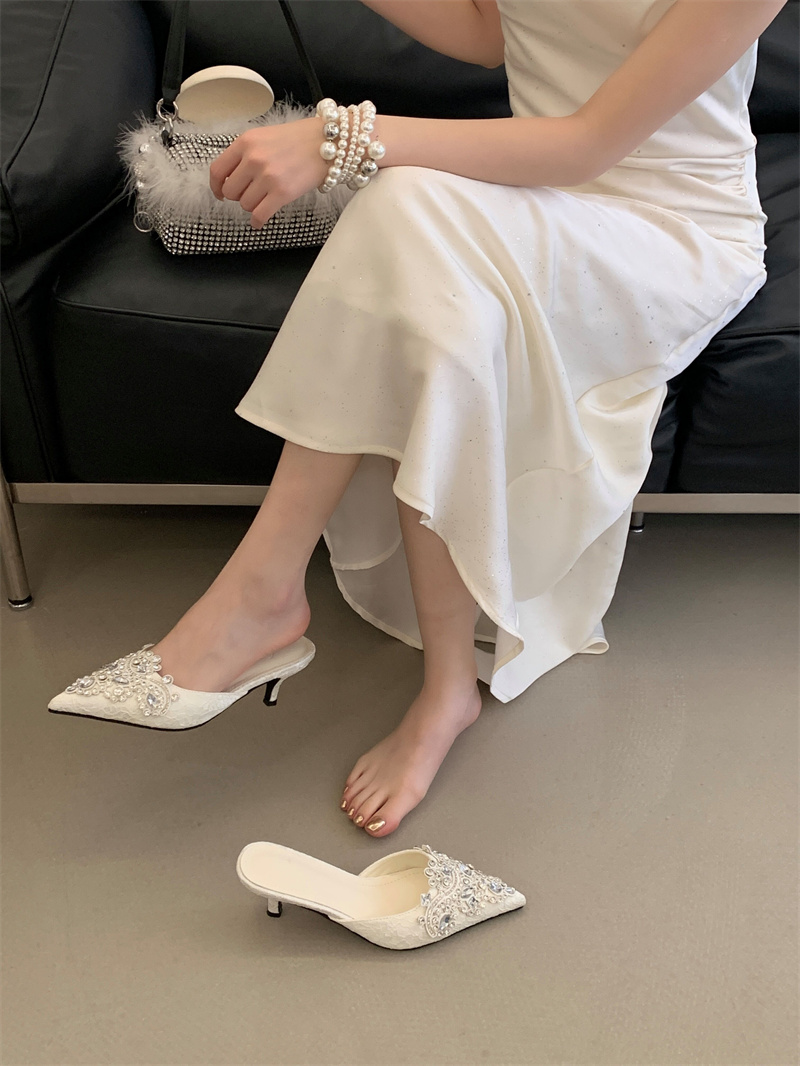 2026 Spring Women's Mid Heel Rhinestone Slippers with Bow Toe, 35-40 - Image 2