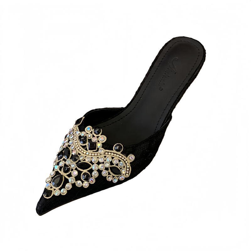 2026 Spring Women's Mid Heel Rhinestone Slippers with Bow Toe, 35-40 - Image 5