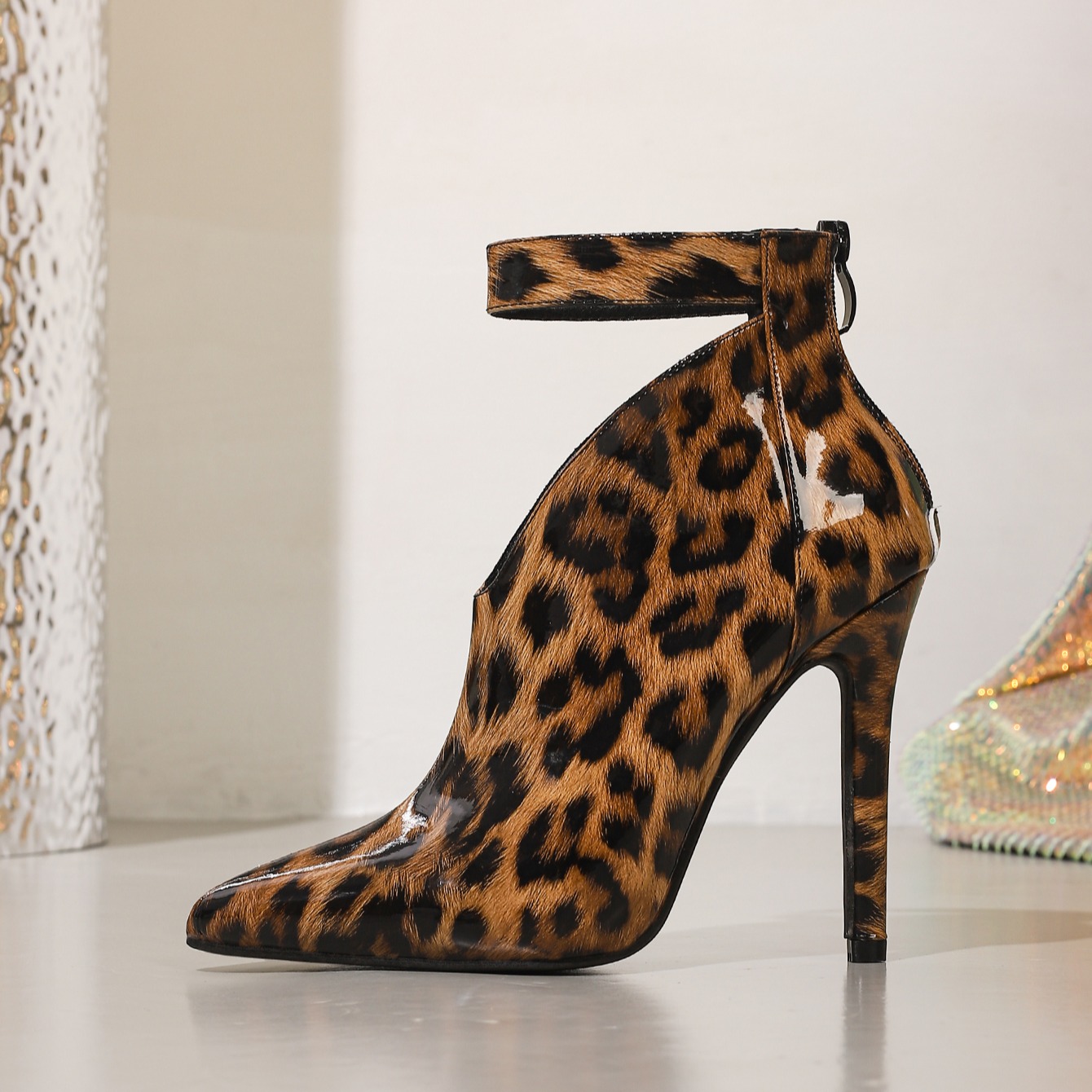 Crystal Leopard Print Zipper Decorated Pointed Toe 11cm Sexy Ultra High Heel Fashion Short Boots 3542 EU - Image 3