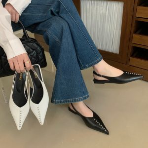 DIAIRIZ Women's Pointed Toe Flat Sandals 2026 New Spring Summer Bow Buckle Strap Closed Toe Shoes