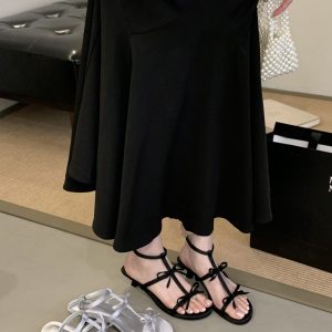 French Elegant Bow Round Toe Open Toe Sandals Kitten Heel Strappy Summer Fairy Style Dress Evening