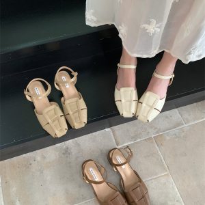 Korean Style Open Toe Hollow One-Strap Sandals Women's Woven Roman Shoes Square Toe Mid Heel Fashionable Casual Shoes
