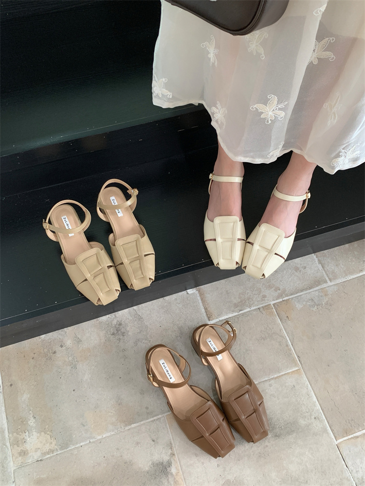 Korean Style Open Toe Hollow One-Strap Sandals Women's Woven Roman Shoes Square Toe Mid Heel Fashionable Casual Shoes