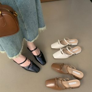 Mary Jane Closed Toe Slipper Women's Shoes 2024 Summer New Style Shallow Mouth Chunky Heel Dress Single Shoes