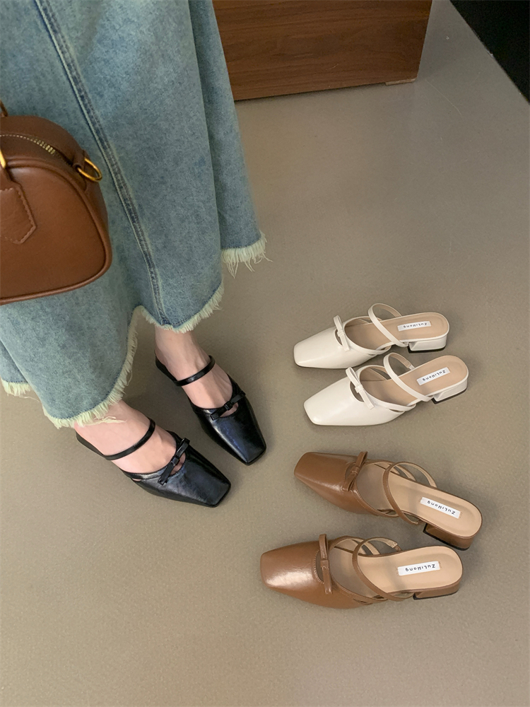 Mary Jane Closed Toe Slipper Women's Shoes 2024 Summer New Style Shallow Mouth Chunky Heel Dress Single Shoes