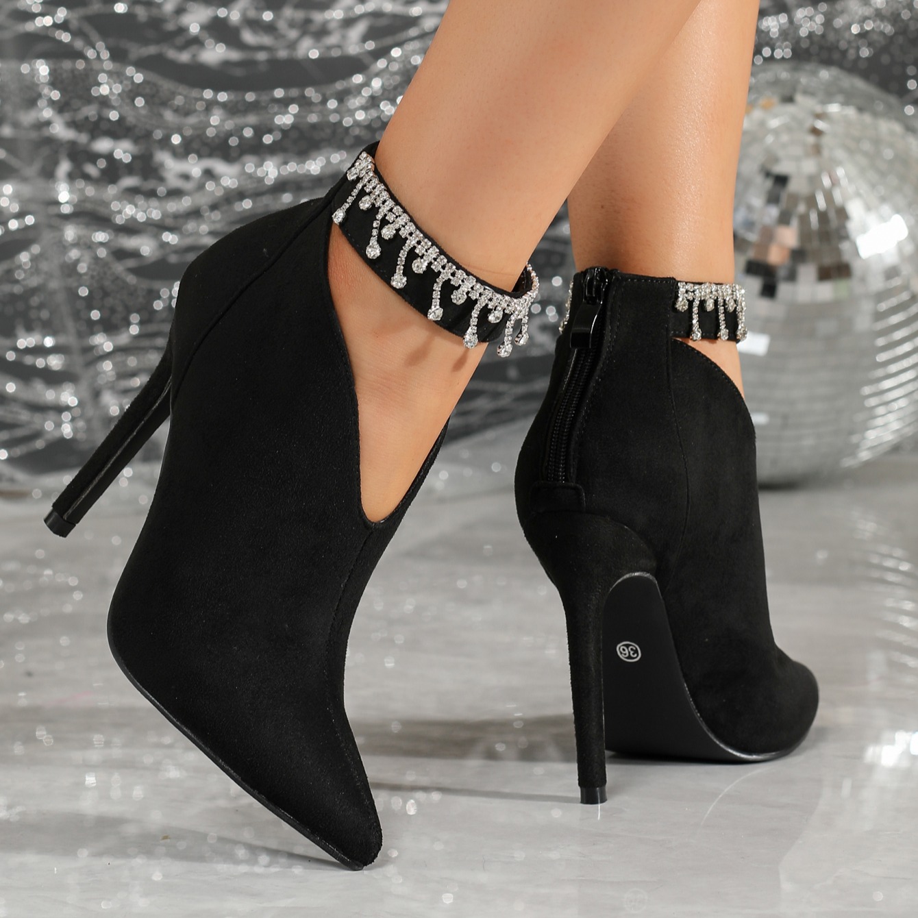 Pointed Rhinestone Decor Zipper 11cm Sexy Ultra High Heel Fashion Short Boots Ankle Boots 42