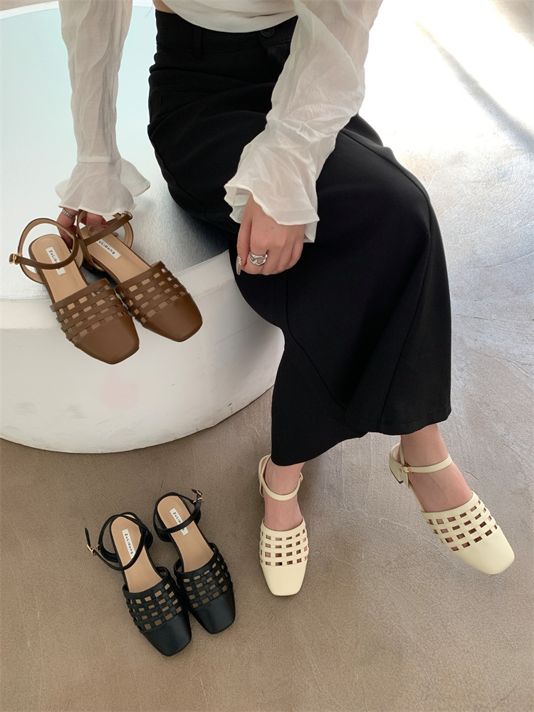 Retro Brown Evening Hollow Out Mary Jane Shoes for Women 2024 Fall French Fairy Chunky Heel Roman Shoes