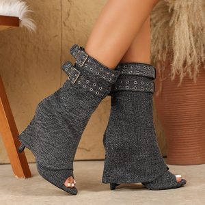 Round Toe Peep Toe Fish Mouth Denim Rivet Buckle Decoration Zipper 11cm Sexy Thin Ultra High Heel Short Boots