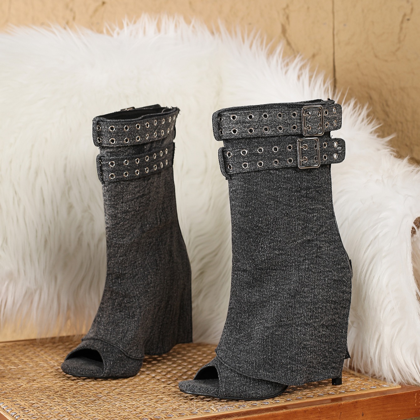 Round Toe Peep Toe Fish Mouth Denim Rivet Buckle Decoration Zipper 11cm Sexy Thin Ultra High Heel Short Boots - Image 3