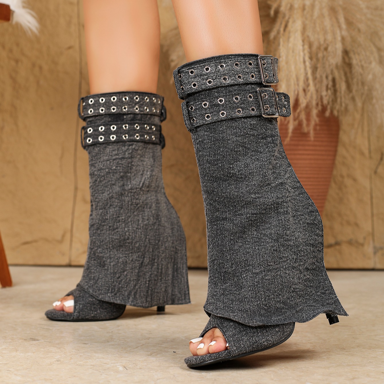 Round Toe Peep Toe Fish Mouth Denim Rivet Buckle Decoration Zipper 11cm Sexy Thin Ultra High Heel Short Boots - Image 4