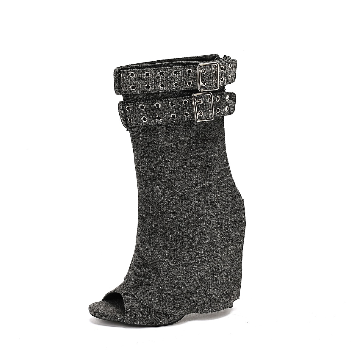 Round Toe Peep Toe Fish Mouth Denim Rivet Buckle Decoration Zipper 11cm Sexy Thin Ultra High Heel Short Boots - Image 5
