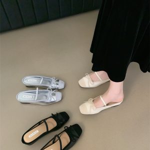 Silver Bow Ballet Flat Women Summer Slip-On Low Heel Mary Jane Shoes