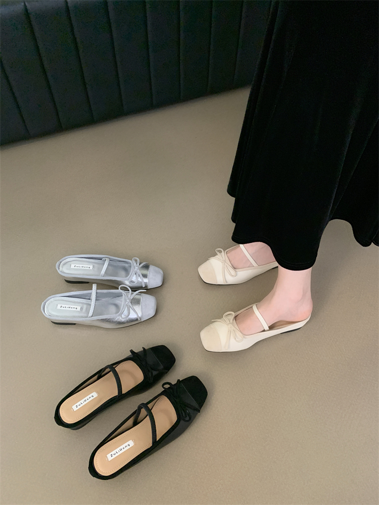 Silver Bow Ballet Flat Women Summer Slip-On Low Heel Mary Jane Shoes