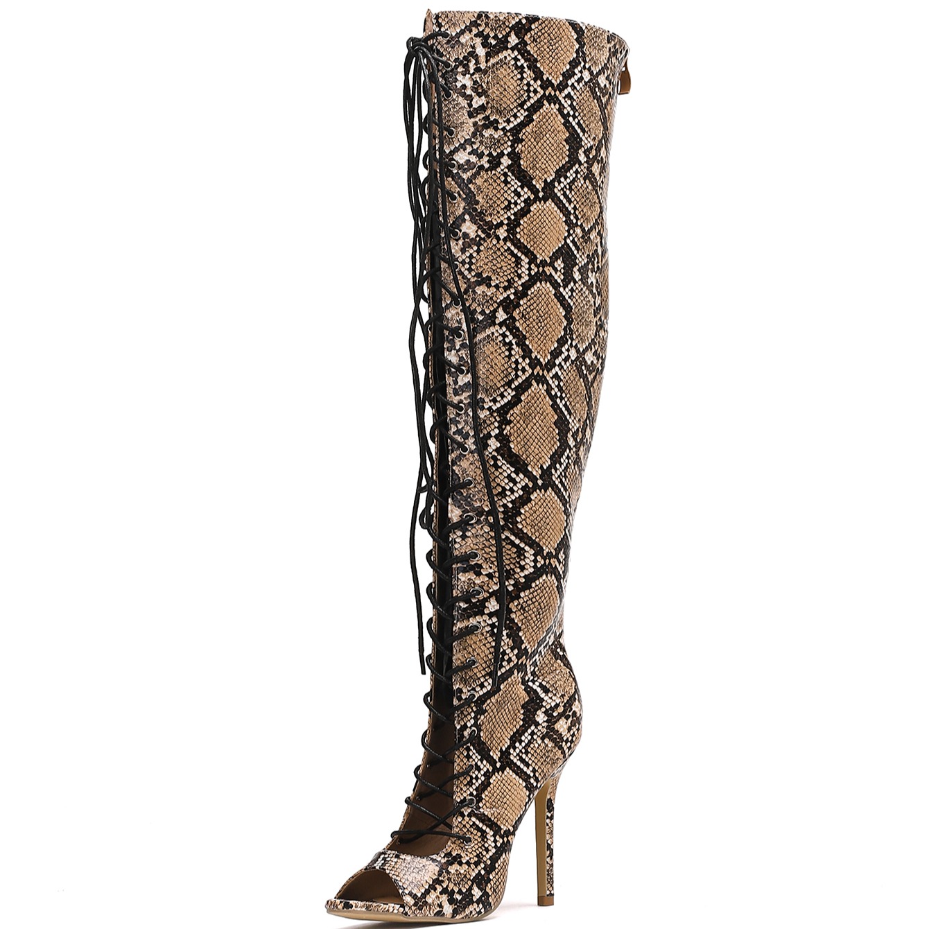 Snakeskin Color Block 11cm Open Toe Ankle Strap Zip Sexy Ultra High Heel Fashion Over Knee Boots 35-42 - Image 5