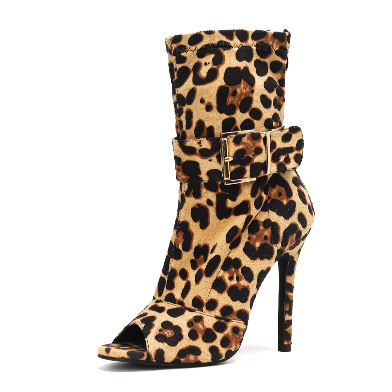 Women's Fashion Ankle Boots Leopard Print Round Toe Peep Toe Buckle 11cm Stiletto High Heel Short Boots - Image 5